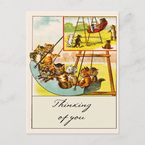 Retro Funny Cats Playing on Swing Thinking of You Postcard