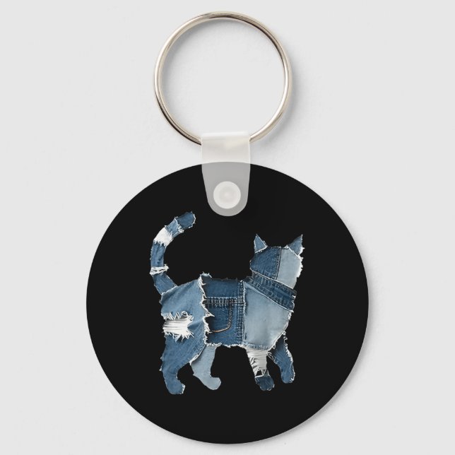 Retro Funny Denim Patch Animal Cat  Keychain (Front)