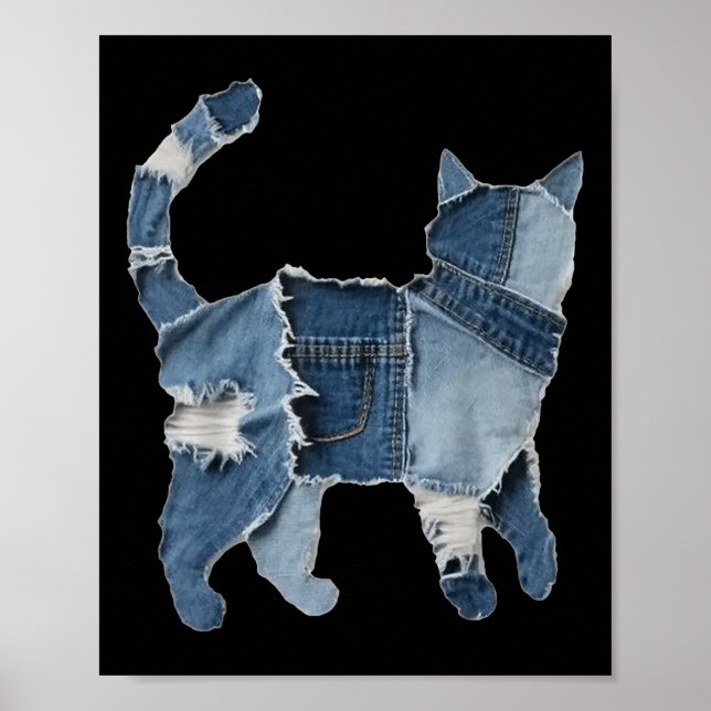 Retro Funny Denim Patch Animal Cat Print  (Front)
