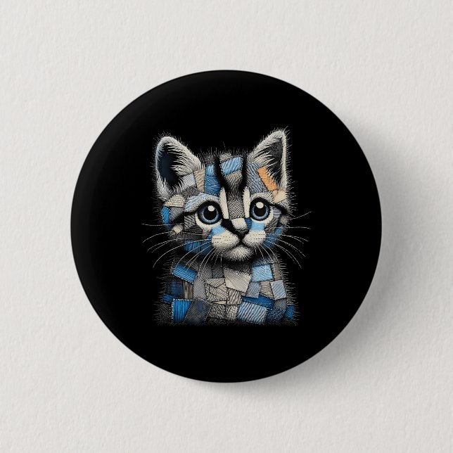 Retro Funny Denim Patch Animal Cat Print  Button (Front)