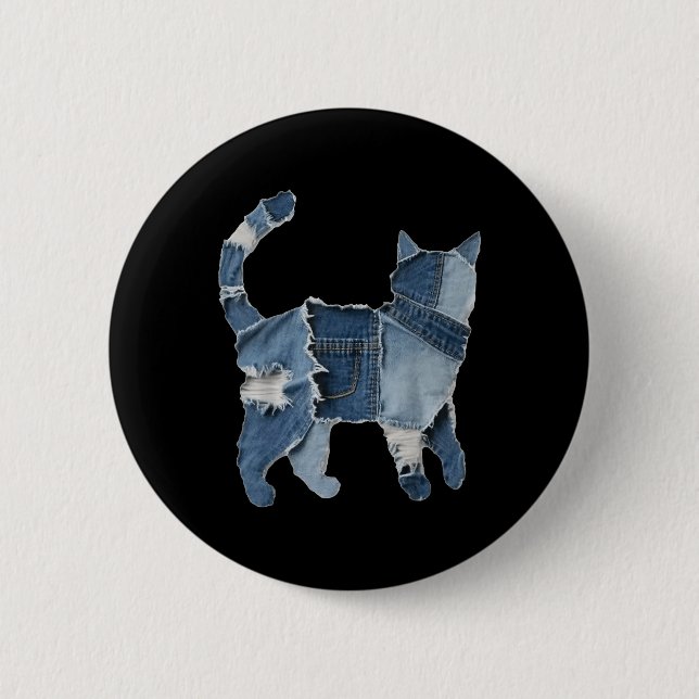 Retro Funny Denim Patch Animal Cat Print  Button (Front)