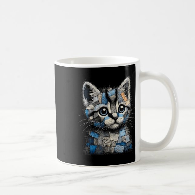 Retro Funny Denim Patch Animal Cat Print  Coffee Mug (Right)