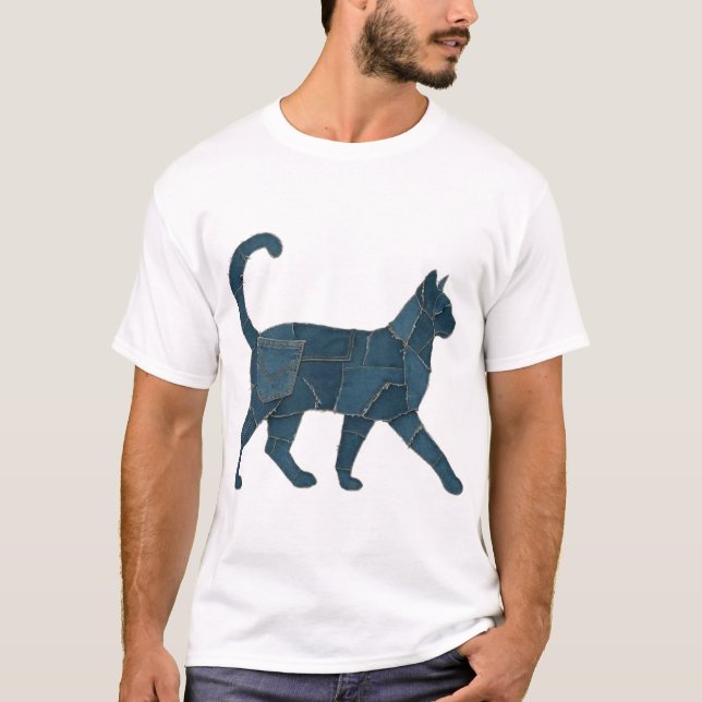 Retro Funny Denim Patch Animal Cat T-Shirt (Front)