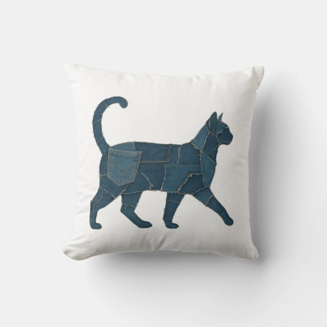 Retro Funny Denim Patch Animal Cat T-Shirt Throw Pillow (Front)