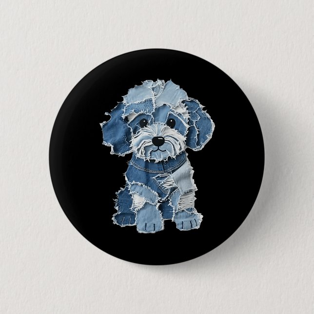 Retro Funny Denim Patch Animal Dog Print  Button (Front)