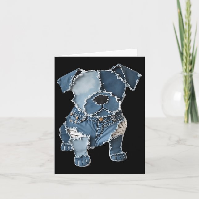 Retro Funny Denim Patch Animal Dog Print  Card (Front)
