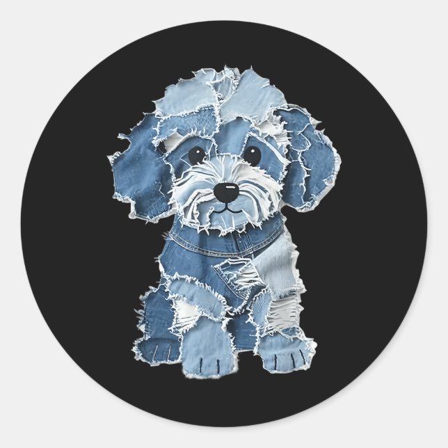 Retro Funny Denim Patch Animal Dog Print  Classic Round Sticker (Front)