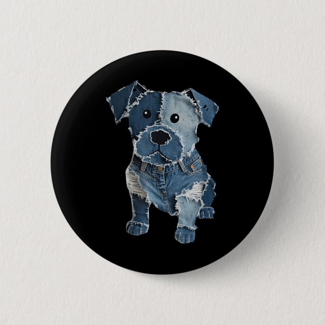 Retro Funny Denim Patch Animal Dog Print For Men W Button (Front)