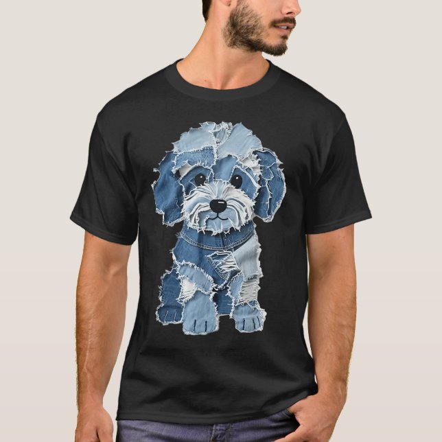 Retro Funny Denim Patch Animal Dog Print  T-Shirt (Front)