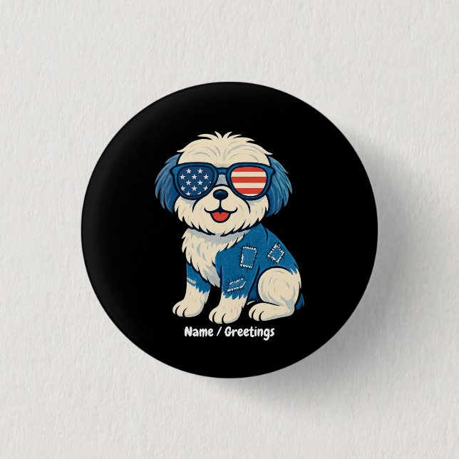 Retro Funny Denim Patch Cute Pet Dog Design  Button (Front)