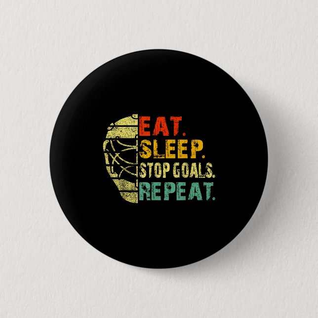 Retro Funny Eat Sleep Stop Goals Repeat Ice Hockey Button (Front)