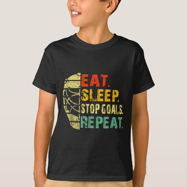 Retro Funny Eat Sleep Stop Goals Repeat Ice Hockey T-Shirt (Front)