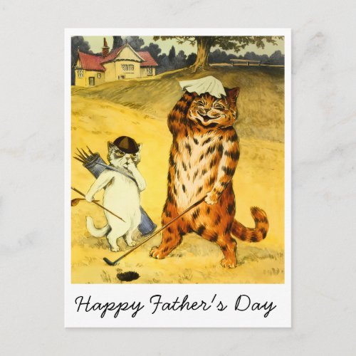 Retro Funny Father's Day Golfing Cat &amp; Caddie Holiday Postcard