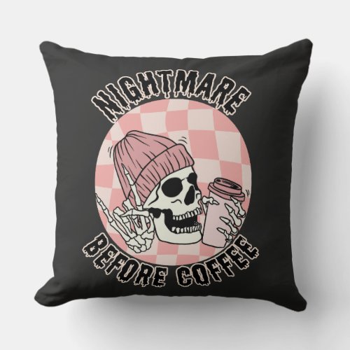 Retro Funny Halloween  Skeleton Coffee Lover  Throw Pillow