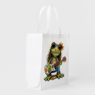 Retro Funny Hippie Frog Wear Glass Play Piano On Grocery Bag