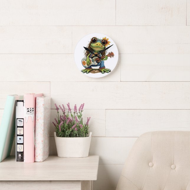 Retro Funny Hippie Frog Wear Glass Play Piano On  Round Clock (Reading Room)