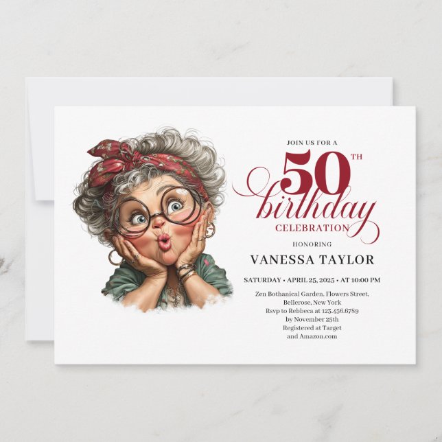 Retro funny lady turning 50 birthday invitation (Front)