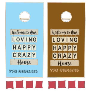 Retro Funny Loving Happy Crazy Home Brown & Blue Cornhole Set