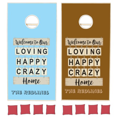 Retro Funny Loving Happy Crazy Home Brown & Blue Cornhole Set