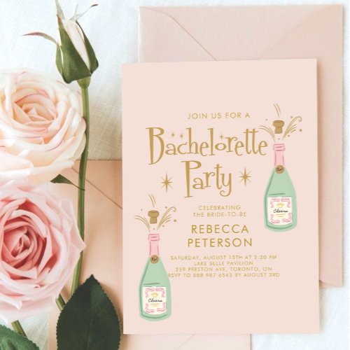 Retro Funny Peach Champagne Bachelorette Party  Invitation