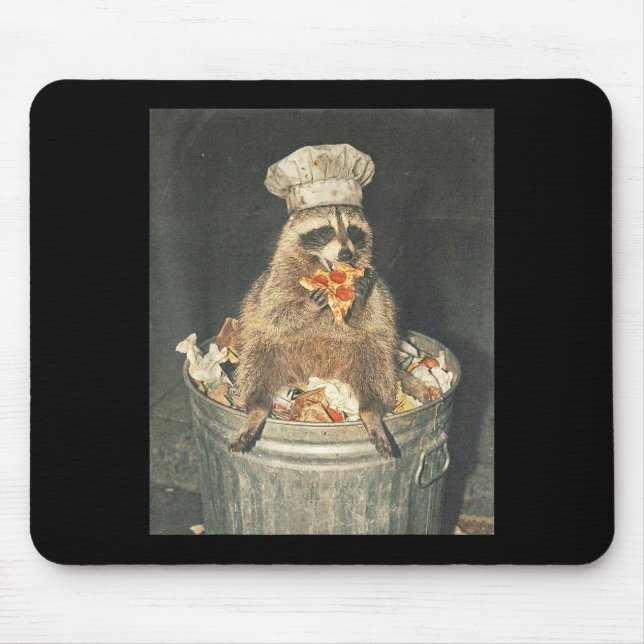 Retro funny raccoon chef eating pizza trash can mouse pad (Front)