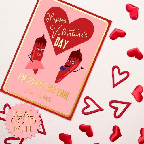 Retro Funny Red Hot Pepper Valentines Day Gold Foil Holiday Card