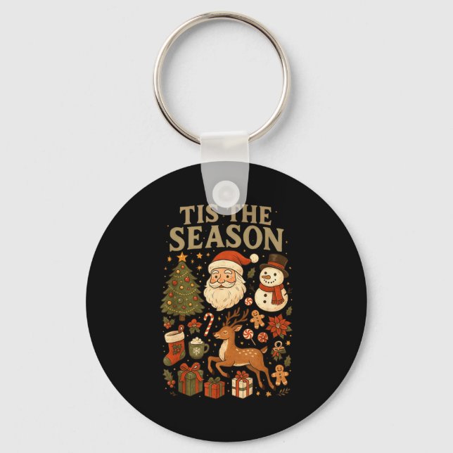 Retro Funny Santa Tis The Season Christmas Doodles Keychain (Front)