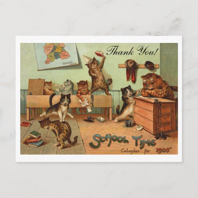 Retro Funny School Anthropomorphic Cats Thank You Postcard (Front)