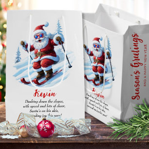 Retro Funny Skiing Santa Christmas Custom Poem Medium Gift Bag