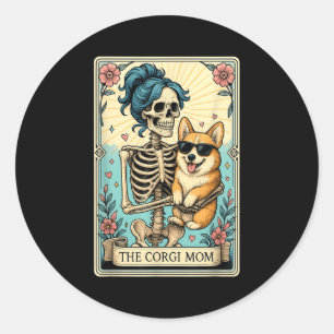 Retro Funny The Corgi Mom Tarot Card Skeleton Hall Classic Round Sticker