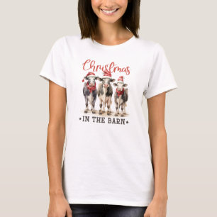 Retro funny three cows Christmas in the barn farm T-Shirt