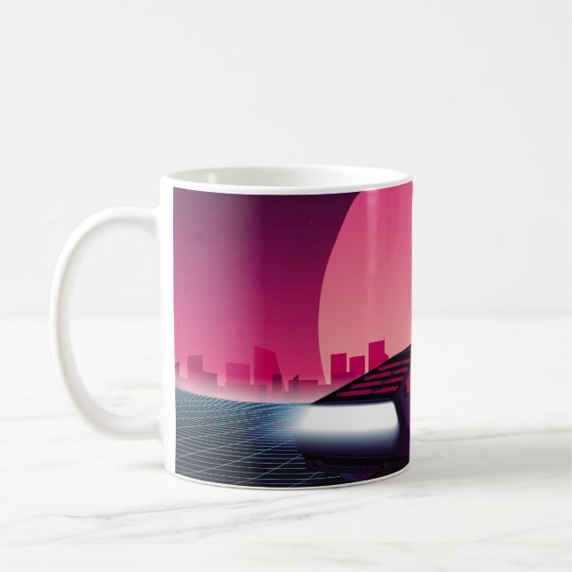 Retro future. 80s style sci-fi background with sup coffee mug (Left)