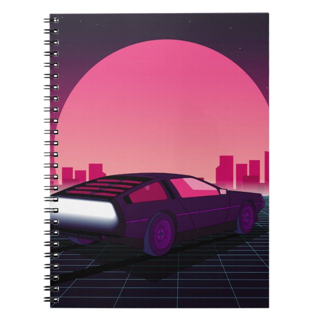 Retro future. 80s style sci-fi background with sup notebook (Front)