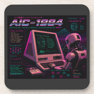 Retro Futuristic AI Robot Computer Vaporwave Neon Beverage Coaster