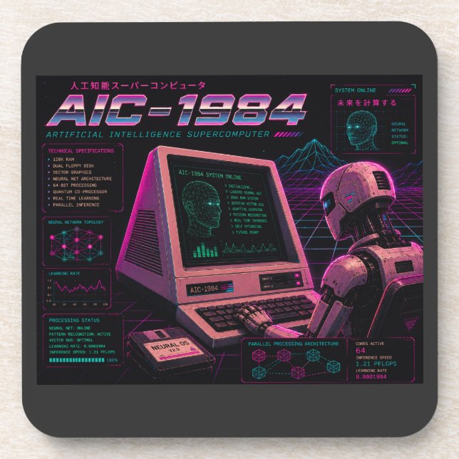 Retro Futuristic AI Robot Computer Vaporwave Neon Beverage Coaster (Front)