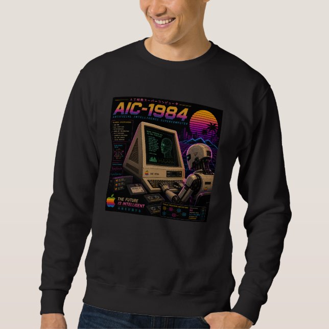 Retro Futuristic AI Robot Computer Vaporwave Neon Sweatshirt (Front)