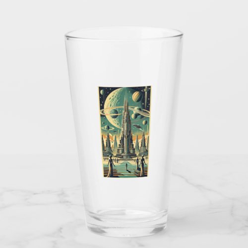 Retro Futuristic Alien City Postcard Art Glass