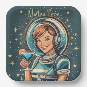 Retro Futuristic Astro Girl Martini Time Paper Plates