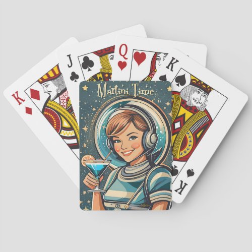 Retro Futuristic Astro Girl Martini Time Poker Cards