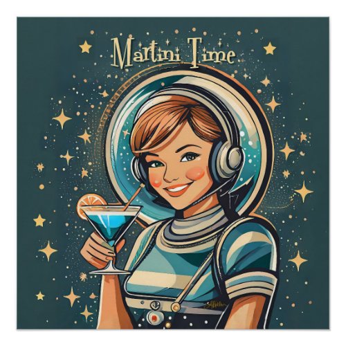 Retro Futuristic Astro Girl Martini Time Poster