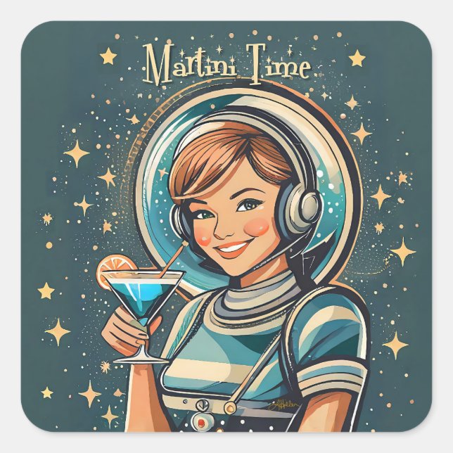 Retro Futuristic Astro Girl Martini Time Square Sticker (Front)