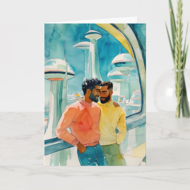 Retro-Futuristic Atomic-Age Embrace Card (Front)