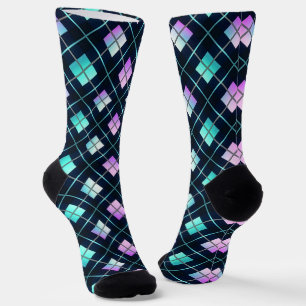 Retro Futuristic Black, Blue & Pink Argyle Pattern Socks