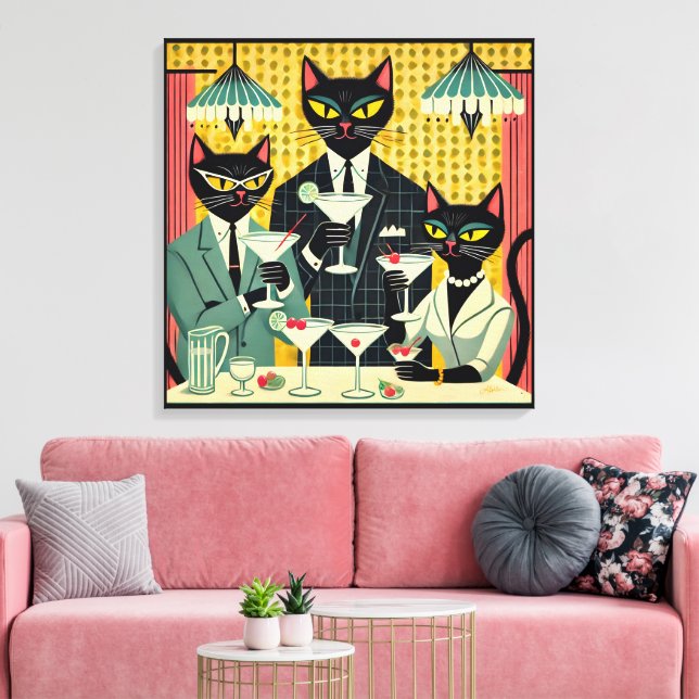 Retro Futuristic Black Cat Martini Club Canvas Print (Insitu(LivingRoom))