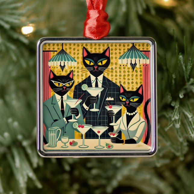 Retro Futuristic Black Cat Martini Club Metal Ornament (Tree)
