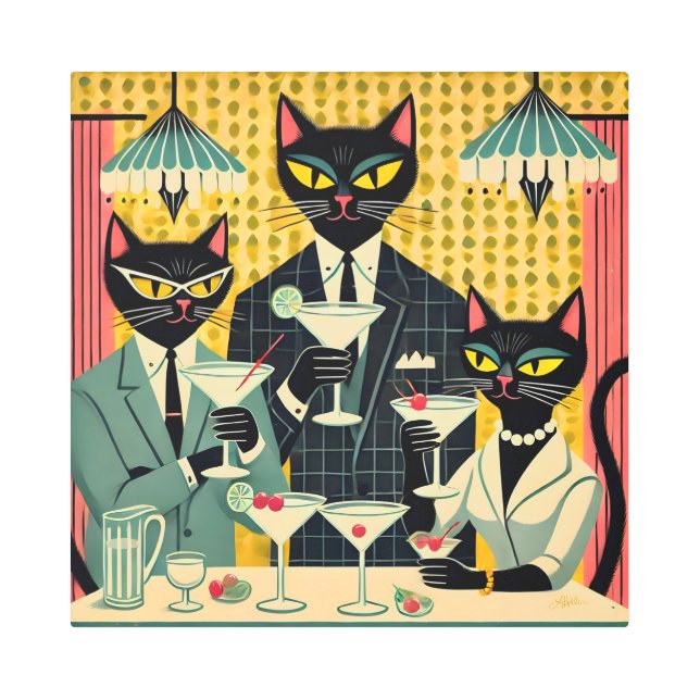 Retro Futuristic Black Cat Martini Club Metal Print (Front)