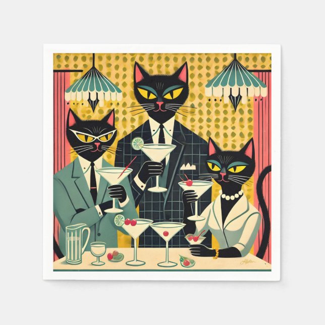 Retro Futuristic Black Cat Martini Club Napkins (Front)