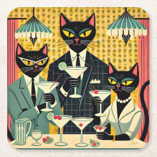 Retro Futuristic Black Cat Martini Club Square Paper Coaster