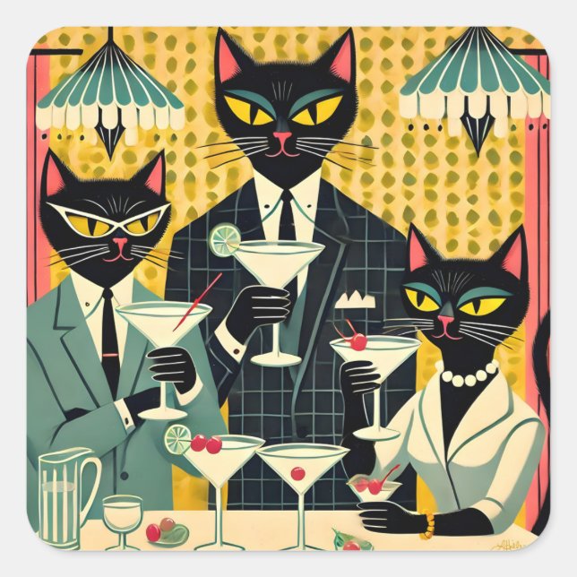 Retro Futuristic Black Cat Martini Club Square Sticker (Front)