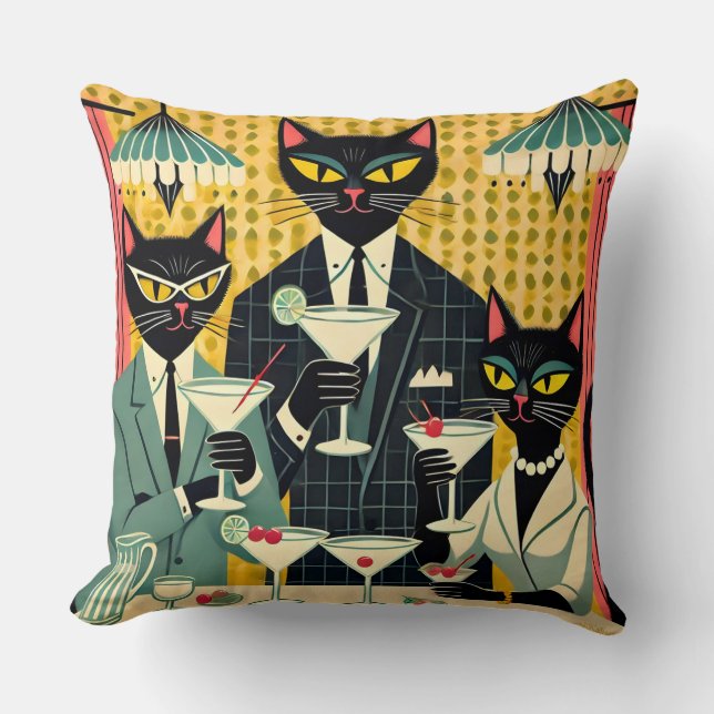 Retro Futuristic Black Cat Martini Club Throw Pillow (Front)